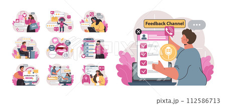 Customer feedback set. Consumer reviews public exchange. Sharing a purchased goods and services assessment in mobile app or social media blog, leaving anonymous feedback. Flat vector illustration Customer feedback set. Consumer reviews public exchange. Sharing a purchased goods and services assessment in mobile app or social media blog, leaving anonymous feedback. Flat vector illustration 112586713