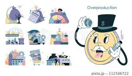 Overproduction and overconsumption concept set. Global ecological crisis. Oversupply of goods and fast fashion effect. CO2 emission and planet pollution problem. Flat vector illustration 112586722