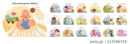 Child safety set. Kids in various dangerous situations. Household perils and outdoor hazards for toddlers. Awareness on domestic accidents, injuries prevention tips. Flat vector illustration 112586728