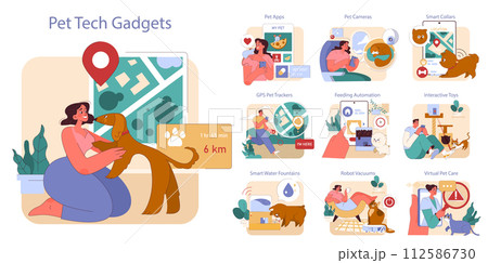 Pet Tech Gadgets set. Innovative technology for pet care and engagement. Features GPS trackers, interactive toys, smart collars. Modern pet ownership essentials. Pet Tech Gadgets set. Innovative technology for pet care and engagement. Features GPS trackers, interactive toys, smart collars. Modern pet ownership essentials. 112586730