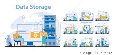 Data Storage set. Multiple aspects of data management and protection. Network infrastructure maintenance with cloud services. Efficient system recovery and security measures. Vector illustration. 112586732
