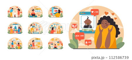 Sharent set. Parents frequently sharing their child personal data and details in the internet. Mom and dad compulsively post pictures and vlogging their child on social media. Flat vector illustration 112586739