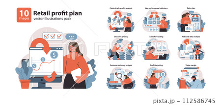 Retail Profit Plan set. Detailed analysis and strategic planning in sales and finance. Managing performance, pricing, and margins. Comprehensive business strategy visualization. Flat vector. 112586745