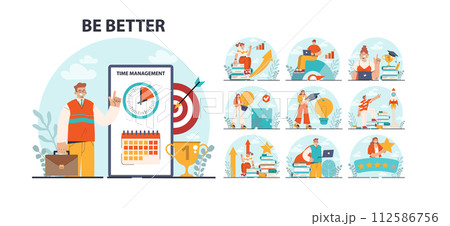 Be better concept set. Education and self-development. Increasing of business or professional competences and skills. Training for career qualification development. Flat vector illustration 112586756