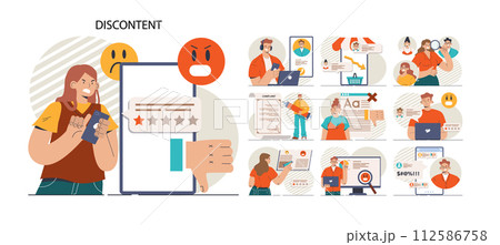 Discontent concept set. Dissatisfaction of product or service, negative feedback from client. Customer experience ranking. Consumer complaint. Flat vector illustration Discontent concept set. Dissatisfaction of product or service, negative feedback from client. Customer experience ranking. Consumer complaint. Flat vector illustration 112586758