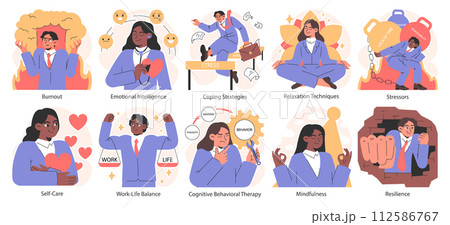 Stress management set. Diverse office characters professional burnout. Employee work-life balance, relaxation techniques and self-care. Emotional intelligence and mindfulness. Flat vector illustration 112586767