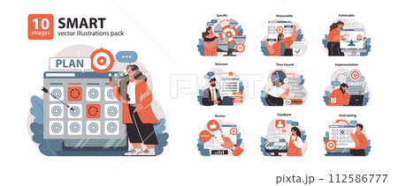 SMART objectives set. Professionals tackle goals with clear criteria. Specific, measurable, achievable steps. Time-bound tasks, constructive feedback. Flat vector illustration. SMART objectives set. Professionals tackle goals with clear criteria. Specific, measurable, achievable steps. Time-bound tasks, constructive feedback. Flat vector illustration. 112586777