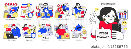 E-commerce set. Online shopping with a big discount and special offer. Promotion campaign. Purchasing goods in mobile app or social media blog. Flat vector illustration 112586786