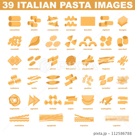 Italian pasta set. Simple traditional food of different shapes and names. Semi-processed noodles collection. Flat vector illustration Italian pasta set. Simple traditional food of different shapes and names. Semi-processed noodles collection. Flat vector illustration 112586788