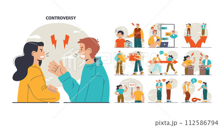 Controversy or disagreement concept set. Troubled communication between people. Alternative views or two opposites conflict. Flat vector illustration 112586794