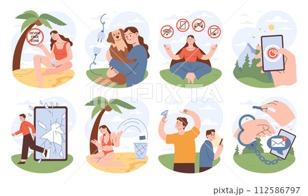 Digital detox set. Characters taking a break from digital devices. Disconnected or turned off gadget. Ballanced life and mental health. Flat vector illustration Digital detox set. Characters taking a break from digital devices. Disconnected or turned off gadget. Ballanced life and mental health. Flat vector illustration 112586797