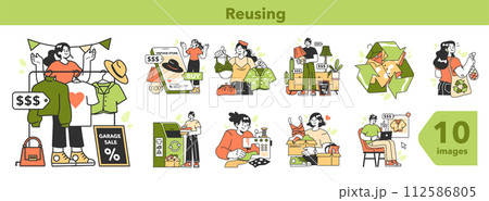 Zero waste set. Upcycling or reuse of old things. Eco tips for reducing waste and giving a second life for old stuff. Sustainability and social responsibility. Flat vector illustration 112586805