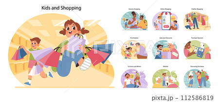Kids and shopping set. Young consumers experiencing the retail world. Family grocery runs, online buys, mall excursions. Managing wants versus needs, joys of sales. Flat vector illustration Kids and shopping set. Young consumers experiencing the retail world. Family grocery runs, online buys, mall excursions. Managing wants versus needs, joys of sales. Flat vector illustration 112586819