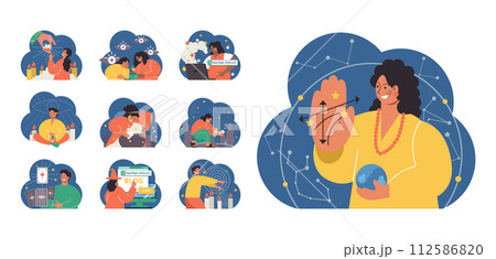 Occultism set. Character performing witchcraft rituals, sorcery and magic. Astrology, tarot fortune-telling and love spelling. Modern and traditional spiritual practises. Flat vector illustration Occultism set. Character performing witchcraft rituals, sorcery and magic. Astrology, tarot fortune-telling and love spelling. Modern and traditional spiritual practises. Flat vector illustration 112586820