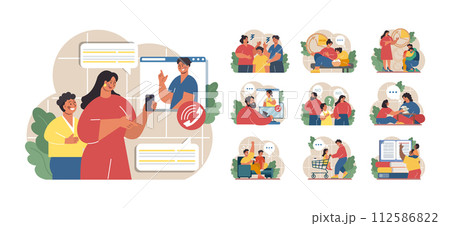 Joint parenting set. Divorced spouses raising a child together. Joint physical custody and close relationships with both parents after a family separation. Flat vector illustration Joint parenting set. Divorced spouses raising a child together. Joint physical custody and close relationships with both parents after a family separation. Flat vector illustration 112586822