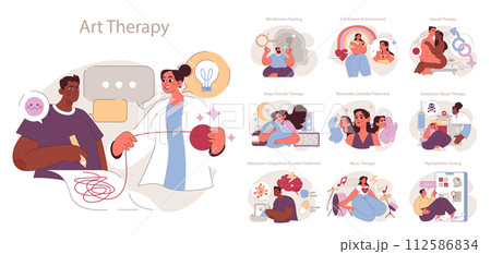 Psychotherapy set. Diverse treatments for mental health challenges. Patient care in mindfulness, self-esteem, and addiction recovery. Psychotherapy set. Diverse treatments for mental health challenges. Patient care in mindfulness, self-esteem, and addiction recovery. 112586834