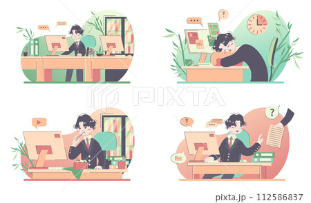 Daily routine of a japanese man set. Modern clerk working, spending time with friends and family. Businessman schedule. Office work and household life. Flat vector illustration 112586837