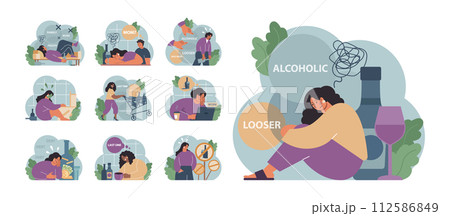Female alcoholism set. Woman suffering from hard drinking, alcohol addiction. Drunk woman with a bottle of booze. Dangerous habit, unhealthy lifestyle awareness. Flat vector illustration 112586849