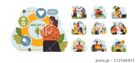 Modern wellbeing practice set. Slow, mindful and sustainable living. Urban lifestyle principles for harmony, personal growth, stress reduction and happiness. Flat vector illustration 112586853