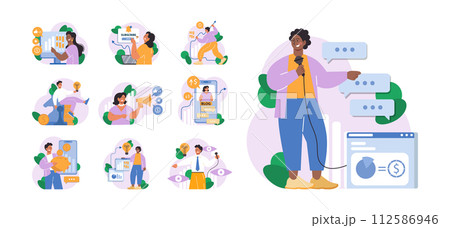 Financial influencer set. Trader or broker social media educative blog. Investment and currency exchange, global economy analytics. Currency market review and financial literacy blogging. 112586946