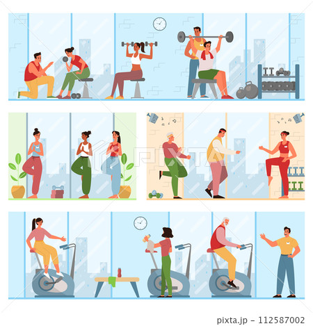 People doing exercises in the gym. Fitness club interior with sport equipment. Women and men training, lifting dumbbells, dancing and doing yoga. Healthy lifestyle routine. Flat vector illustration 112587002