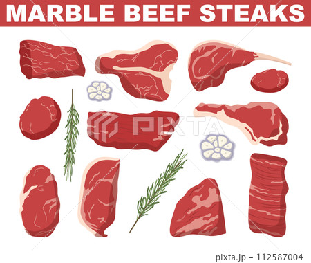 Marble beef steak set. Raw meat fillet. Fresh ingredient for cooking. BBQ or steakhouse reataurant. Flat vector illustration 112587004