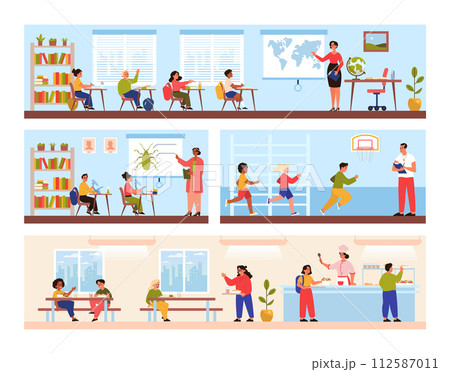 Elementary school building interior. Three floors of classrooms, dining room and gym. Kids primary education and studying routine. Flat vector illustration Elementary school building interior. Three floors of classrooms, dining room and gym. Kids primary education and studying routine. Flat vector illustration 112587011