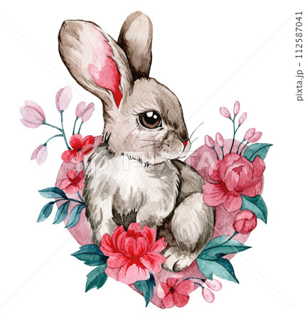 watercolor delicate drawing with Easter bunny,...のイラスト素材 