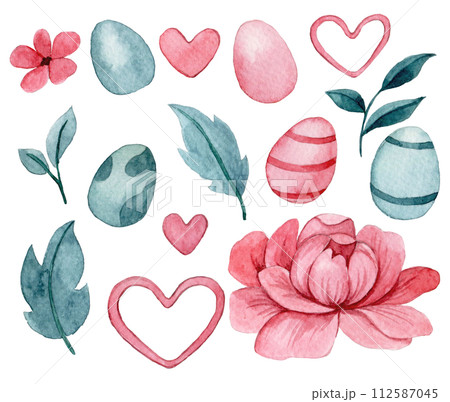 watercolor delicate set with Easter eggs and flowers. pastel pink 112587045