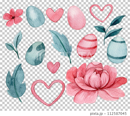 watercolor delicate set with Easter eggs and flowers. pastel pink 112587045