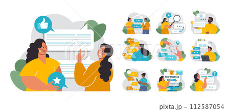 Active listening skill set. Attentive business charcter or employee soft skills development. Conversation, negotiation, emotional intellegence and team work. Flat vector illustration 112587054