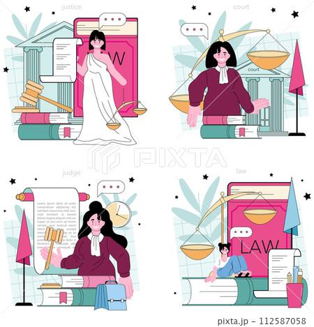 Judge concept set. Court worker stand for justice and law. Courtroom authority in traditional robe hearing a case and sentencing. Judgement and punishment idea. Flat vector illustration Judge concept set. Court worker stand for justice and law. Courtroom authority in traditional robe hearing a case and sentencing. Judgement and punishment idea. Flat vector illustration 112587058