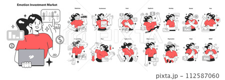Cycle of investor emotions set. Emotions and feelings of female character throughout the cycle in share market. Emotional roller coaster of investing. Flat vector illustration 112587060