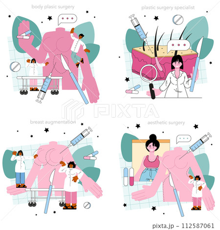 Plastic surgeon concept set. Aesthetic body correction. Implant and liposuction procedure. Doctor making injections or incision inserting implant. Flat vector illustration Plastic surgeon concept set. Aesthetic body correction. Implant and liposuction procedure. Doctor making injections or incision inserting implant. Flat vector illustration 112587061