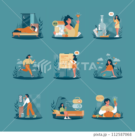 Healthy lifestyle set. Fresh food, sport and sleep as daily routine. Fitness sport exercise, education and psychological detox. Self-care schedule. Flat vector illustration 112587068