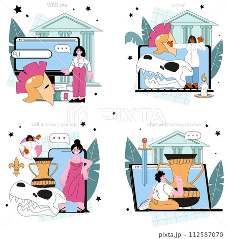History lesson online service or platform set. History school class. Studying of the past and ancient civilization culture. Online call, chat, e-mail, website. Flat vector illustration History lesson online service or platform set. History school class. Studying of the past and ancient civilization culture. Online call, chat, e-mail, website. Flat vector illustration 112587070