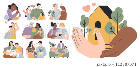 non-traditional family relationships set. Modern happy loving family or family structure. Care, trust and support. Close and sweet communication between humans and pets. Flat vector illustration. 112587071