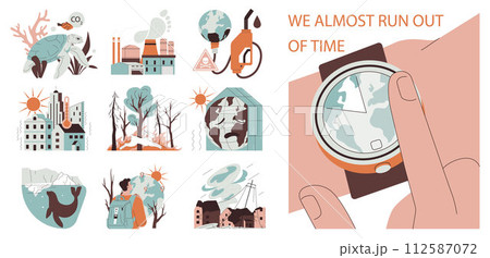 Climate change set. Pollution and CO2 emission affect on earth, causing ice melting, drought, wildfire, hurricanes and heatwave. Ecological crisis caused by greenhouse effect. Flat vector illustration Climate change set. Pollution and CO2 emission affect on earth, causing ice melting, drought, wildfire, hurricanes and heatwave. Ecological crisis caused by greenhouse effect. Flat vector illustration 112587072
