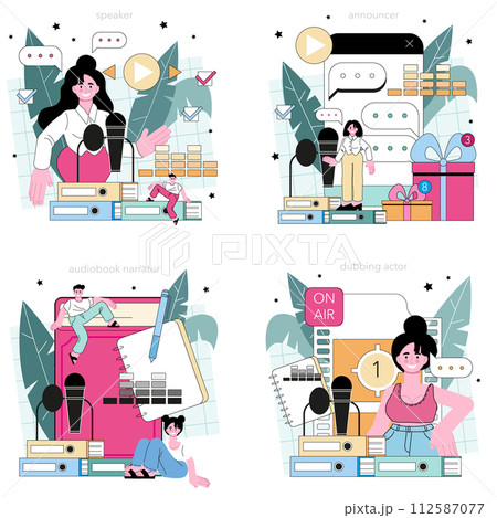 Speaker concept set. Voice actor dubbing a movie, audio book or radio announcer. Character talking through the microphone at the studio. Flat vector illustration Speaker concept set. Voice actor dubbing a movie, audio book or radio announcer. Character talking through the microphone at the studio. Flat vector illustration 112587077