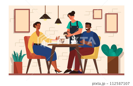 Coffee shop interior. Cafe with people sitting at the table, drinking coffee and talking to each other. Barista serving hot beverages. Flat vector illustration 112587107