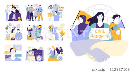 Social equity set. Civil society teamwork, environmental activism, and community engagement for better future and equal opportunities. Diversity and inclusion. Flat vector illustration 112587108