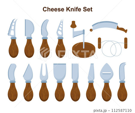 Cheese knives set. Common knives for cheese cutting. Metallic utensils tools for kitchen or restaurant, chisel, cheese fork, spreader, parm knife, cheese plane. Flat vector illustration Cheese knives set. Common knives for cheese cutting. Metallic utensils tools for kitchen or restaurant, chisel, cheese fork, spreader, parm knife, cheese plane. Flat vector illustration 112587110