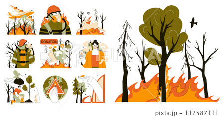 Wildfire set. Burning forest trees, dangerous and harmfull nature disaster. Firefighter in protective clothing and helmet, aircraft and volunteer extinguishing woods fire. Flat vector illustration 112587111