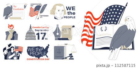 American constitution day set. National USA holiday on September 17th. United States democratic system document celebration. Patriotism and freedom idea. Flat vector illustration 112587115