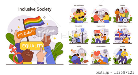 Inclusive Society set. Harmonious diversity and equality celebration. Unity in gender, race, and disability representation. Universal acceptance and solidarity themes. Flat vector illustration. Inclusive Society set. Harmonious diversity and equality celebration. Unity in gender, race, and disability representation. Universal acceptance and solidarity themes. Flat vector illustration. 112587123