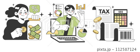 Financial literacy set. Personal budget development, money planning and control. Currency balance, assets management. Financial well-being. Flat vector illustration Financial literacy set. Personal budget development, money planning and control. Currency balance, assets management. Financial well-being. Flat vector illustration 112587124