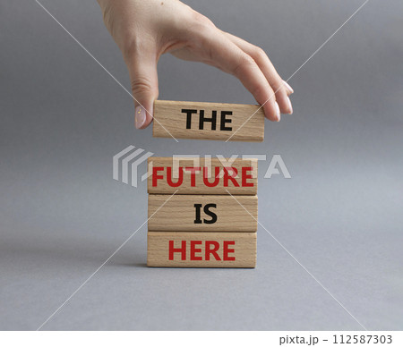The future is here symbol. Concept words The future is here on wooden blocks. Beautiful grey background. Businessman hand. Business and The future is here concept. Copy space. The future is here symbol. Concept words The future is here on wooden blocks. Beautiful grey background. Businessman hand. Business and The future is here concept. Copy space. 112587303