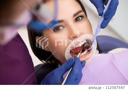 Portrait of young woman taking care of dental hygiene.  112587597