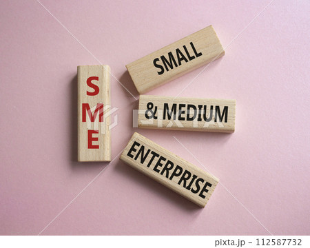 SME - Small and Medium Enterprise symbol. Wooden cubes with words SME. Beautiful pink background. Business and SME concept. Copy space. 112587732