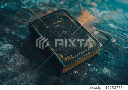 AI-generated content. An aged book resting on top of a wooden table. 112587734